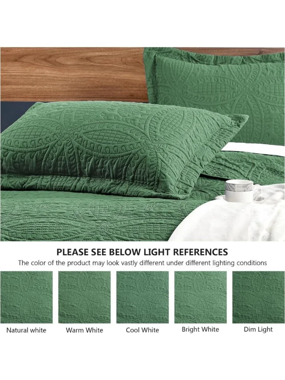 Dark Green Queen Bedspread Set - Soft Lightweight Quilt & 2 Pillow Shams